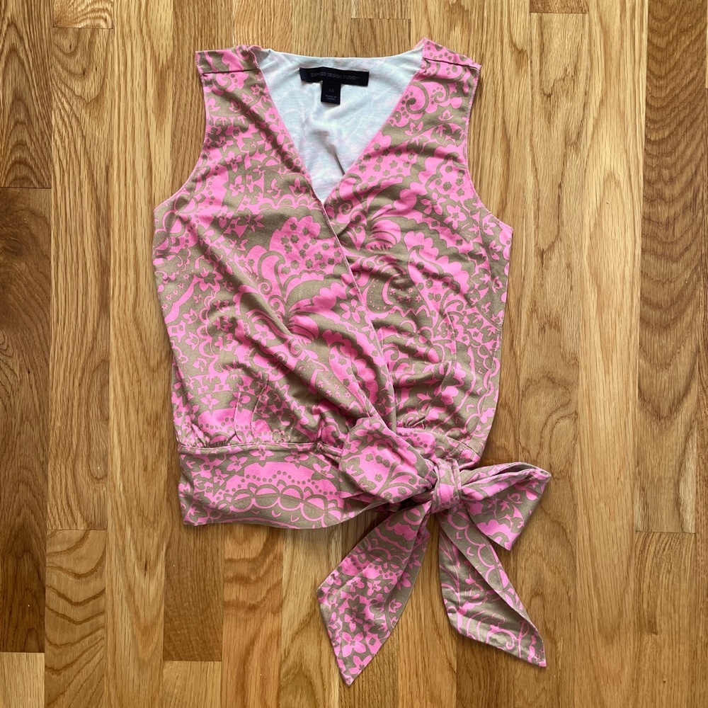 EXPRESS Pink and Olive Sleeveless Tie Waist Top